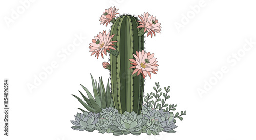Detailed botanical drawing of a large desert saguaro cactus with beautiful pink blossoms, surrounded by green succulent plants.