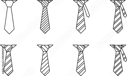 Necktie icon collection, striped tie illustrations for fashion design, business attire graphics, formal clothing accessories, outline vector style set