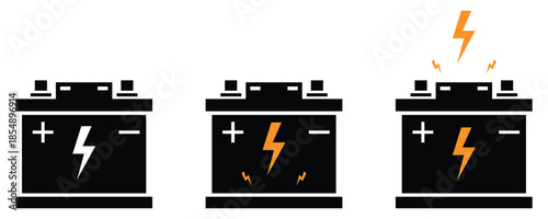 Car Battery Icon Set, Automotive Power Accumulator Symbols Isolated on White, Vector Illustration.