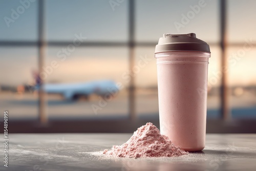 Refreshing Protein Shake with Powder at Airport with Airplane in Background