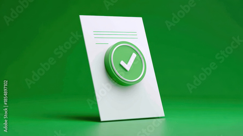 Green approval document checkmark icon on paper with minimal office background conveying success and confirmation feeling