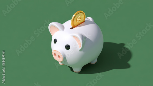 White piggy bank with gold coin on green background expressing saving and financial optimism