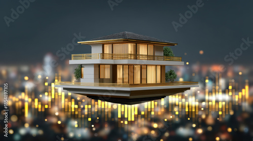 Luxury house miniature hovering over financial graph lights at night, modern floating house with warm windows and rooftop garden, futuristic real estate concept blending architecture and finance