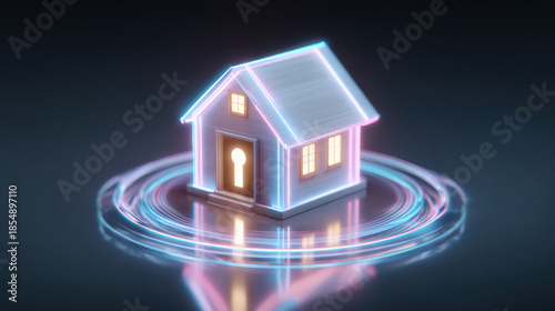 Neon house lock glowing house digital security smart home glowing lock symbol futuristic home