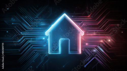Neon house icon with glowing blue and pink circuit lines radiating into dark digital background, futuristic smart home concept with electric glow and technology ambiance