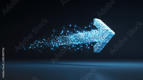 Pixelated arrow transitioning to hd upward direction digital motion with glowing blue particle trail conveying progress and speed