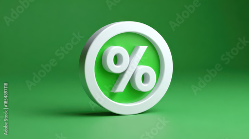 Green percentage symbol coin on green background evoking savings and discount with clean glossy 3D icon and soft shadow, minimalist finance concept conveying value and promotion