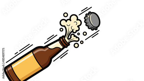Cartoon Champagne Bottle Popping with Flying Cork and Foam Explosion Illustration