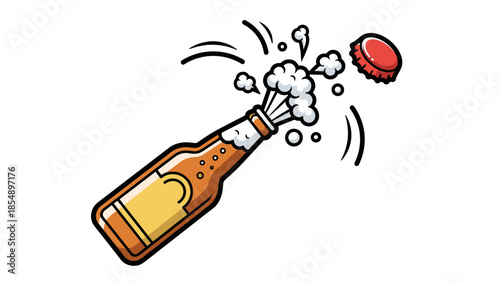 Cartoon Champagne Bottle Popping with Flying Cork and Foam Explosion Illustration
