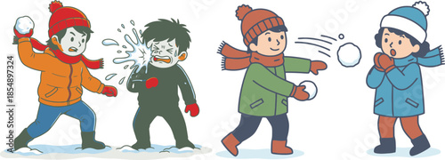 Children having fun playing a snowball fight in the snow