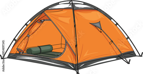 Orange camping tent with open entrance, lightweight outdoor shelter for hiking, backpacking, survival gear, adventure travel equipment illustration for design projects