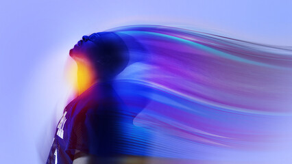 Abstract artwork of male portrait with flowing light trails and emotional energy. Concept of personal growth, inner strength, self expression, creative identity, emotional freedom.