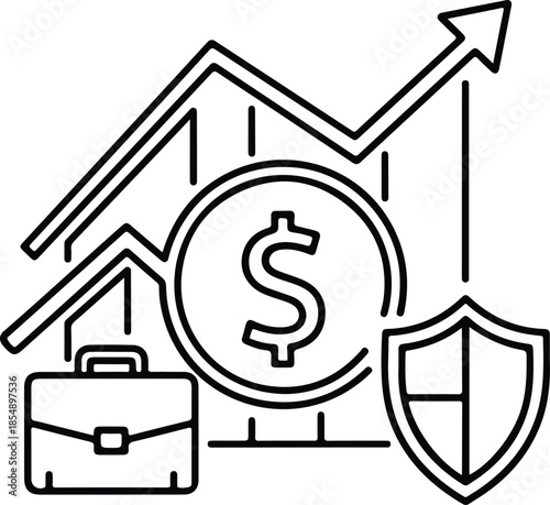 Financial growth and security represented by a rising graph, dollar sign, and protected shield alongside a professional briefcase