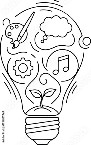 Creative Idea Generation Illustrated in a Light Bulb with Artistic Elements