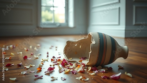 sedition. A shattered ceramic vase on a wooden floor with scattered flower petals in an empty room. wellbeing guides.