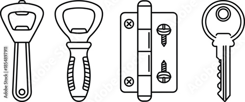 Outline icons of bottle openers, door hinge, and key, minimalist black line art, hardware tools collection, simple vector illustration design