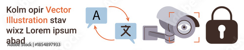 Language translation, privacy protection, digital security, surveillance, technology, data encryption. Speech bubbles, CCTV camera lock icon. Security and privacy protection concept