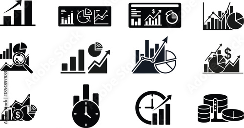 Business finance icons set with graphs charts and clocks