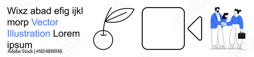 Business communication, customer service, teamwork, digital media, sustainability, creative design. Two people interacting alongside a leaf, cherry and camera symbol. Business communication