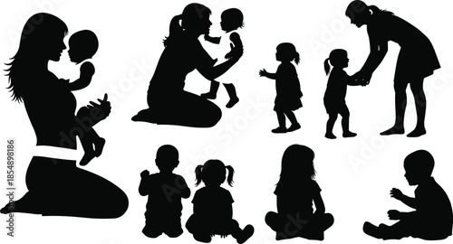 Parent and child silhouette set, nurturing moments, early development, family bonding, teaching, playing, black vector illustration, emotional connection