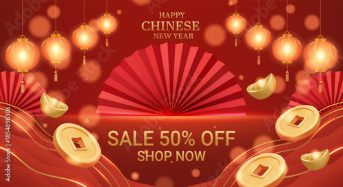 3D vector illustration of red fan with gold coins and sale 50 percent off text. Concept for chinese new year holiday promotion background. Luxury and premium festive design banner template.