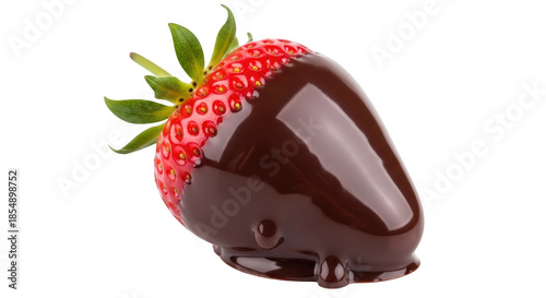 Single ripe strawberry dipped in dark chocolate with green leaves fruit