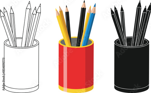 Pencil holder illustration set featuring line art, flat color, and black silhouette versions, office stationery supply icons, creative school tools, vector.