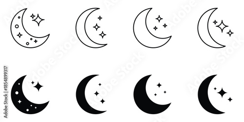 Moon Crescent Icon Set, Lunar Phases and Half Moon Symbols, Vector Illustration.