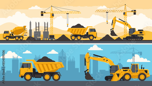 Heavy machinery operates at a construction site with cranes and trucks moving earth.