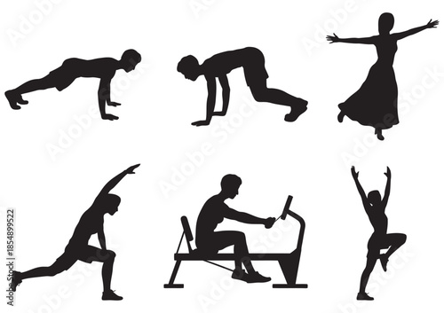 Diverse silhouette collection of people engaged in fitness and sports activities, ranking inspired artwork highlighting peak condition, disciplined exercise routines, competitive spirit, wellness goal
