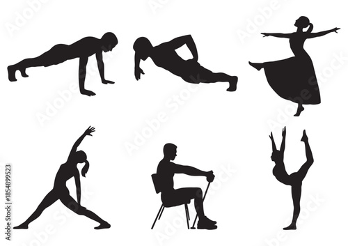 Diverse silhouette collection of people engaged in fitness and sports activities, ranked visual concept representing top performance levels, active lifestyle diversity, competitive training, health mo