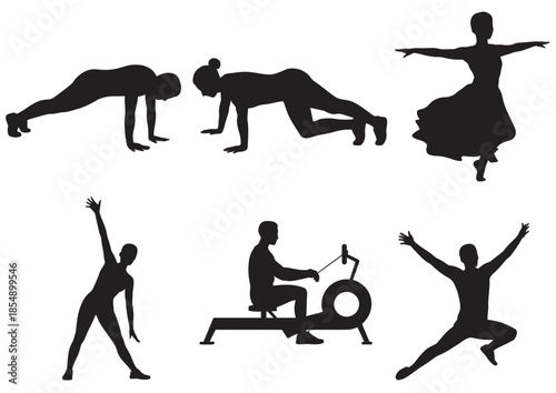 Diverse silhouette collection of people engaged in fitness and sports activities, high rank themed composition showing elite movement, strength progression, endurance balance, modern workout culture, 