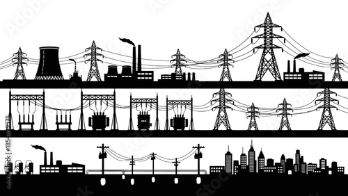 An illustration of power transmission infrastructure connecting industrial and urban areas with electricity pylons and lines.
