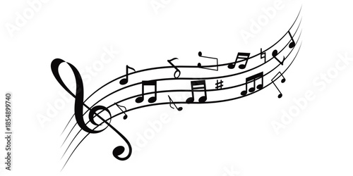 Music notes wave, Curve musical signs, sound wave line symbol, acoustic composition, Musical notes background, abstract music wave illustration.