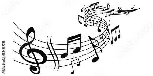Music notes wave, Curve musical signs, sound wave line symbol, acoustic composition, Musical notes background, abstract music wave illustration.