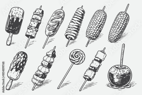 Hand Drawn Food on Sticks and Skewers Sketch Vector Set