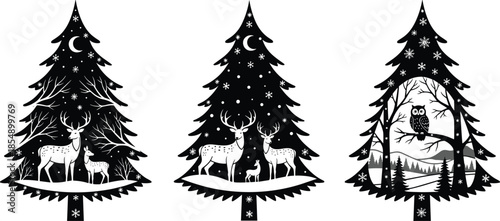 Black and white winter forest Christmas tree illustrations featuring deer, fawn, owl, snowflakes, moon and stars, creating a magical holiday woodland nature scene.