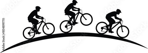 Black Silhouette of Mountain Bikers Riding on a Hill or Arch, Illustrating Adventure, Extreme Sports, Cycling, and Outdoor Activity