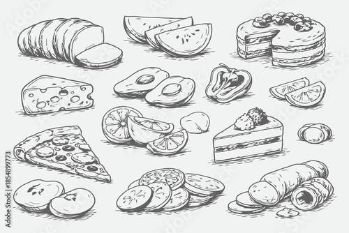 Hand Drawn Sliced Food Portions Sketch Vector Collection