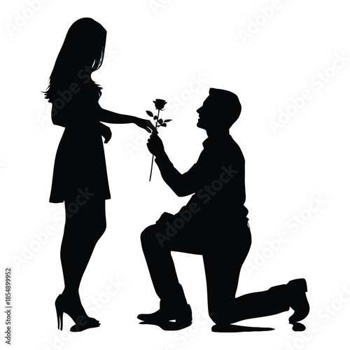 Man proposing to woman with rose on one knee isolated on romantic gesture