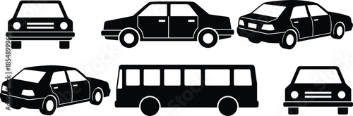Collection of car and bus silhouette icons featuring front, side, and rear vehicle views for transportation, traffic, automotive design, and infographic projects