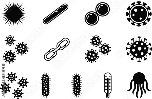Collection of various virus, bacteria, and microorganism icons in black and white, representing infection, disease spread, germs, microbiology, and health awareness.