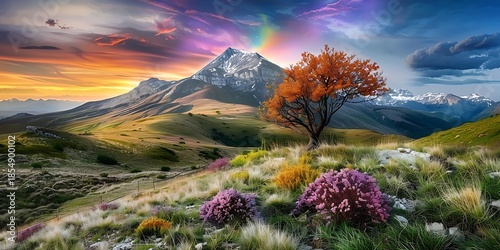 Breathtaking sunset over mountain landscape serene nature vibrant flora peaceful environment wide angle view