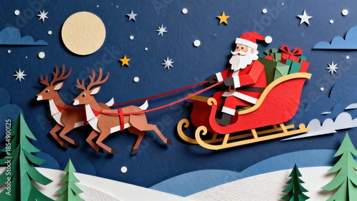 Santa Claus Flying Sleigh With Reindeer Over Snowy Landscape at Night.