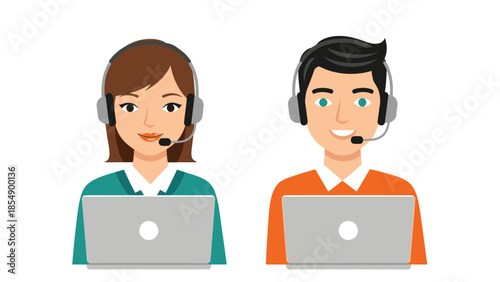 Two customer service representatives work on laptops with headsets on.