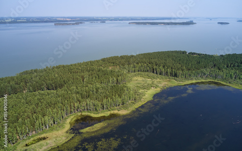 Aerial photo of forest boggy lake in the Karakansky pine forest near the shore of the Ob reservoir.