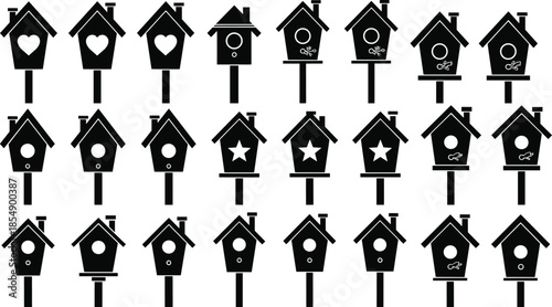 Large set of black silhouette birdhouses on posts with various entrance shapes, representing home, nature, spring, nesting, and garden decoration vector icons.