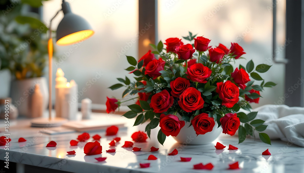 Fototapeta premium Valentine’s floral bouquet on a designer workspace