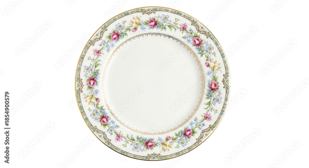 © soniya - White porcelain plate with pink roses and blue flowers floral border ceramic dish