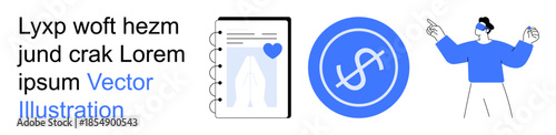 Financial literacy, budgeting, education, virtual connectivity, economic communication, interactive visualization. Notebook with a heart icon, currency symbol and a human figure pointing. Financial